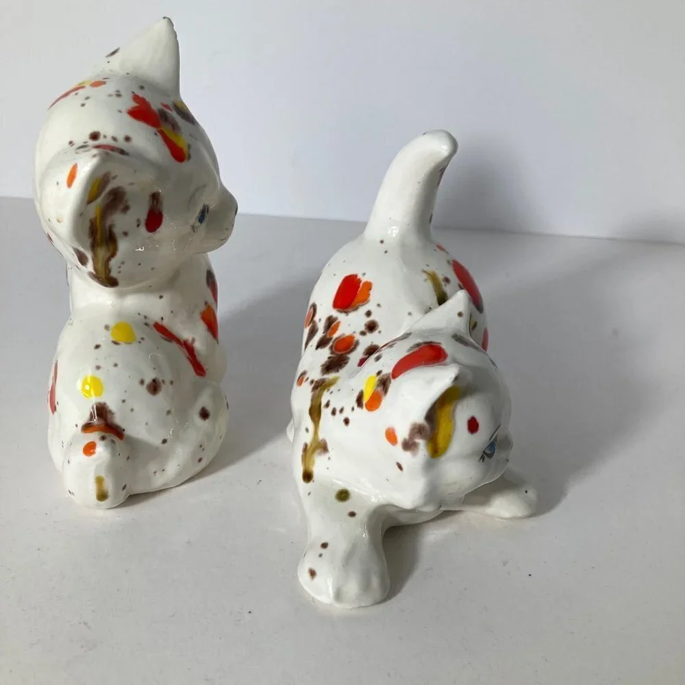 2 Ceramic Confetti Paint‎ Splashed Cats signed 4 x6, 5 x 5